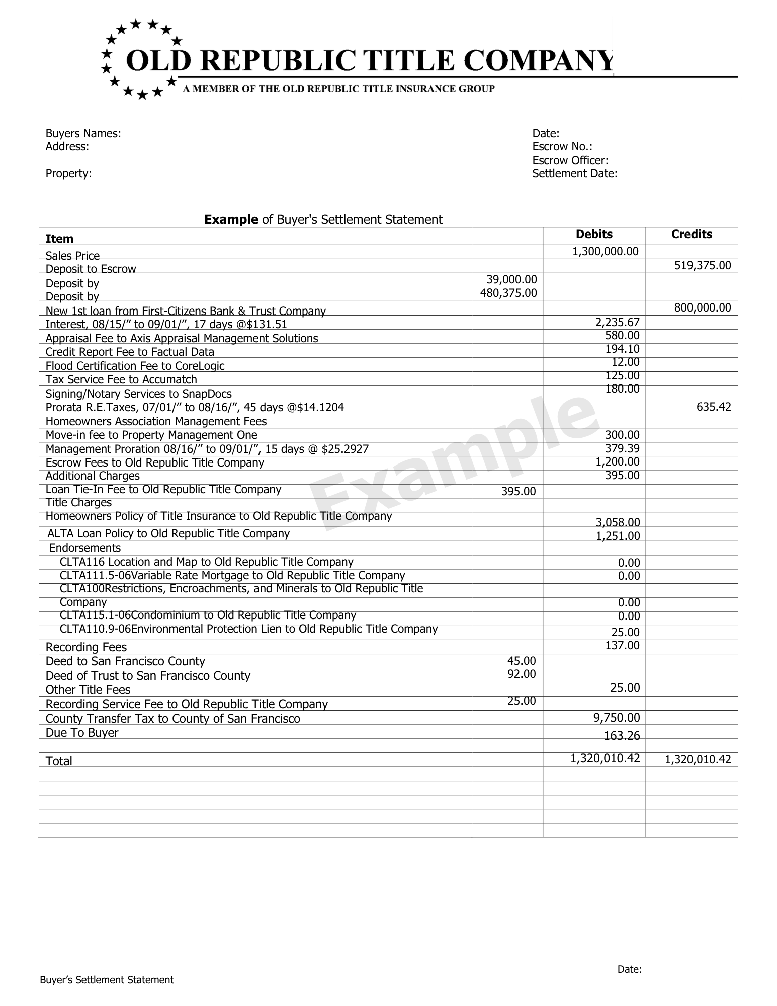 EXAMPLE Buyer's Settlement Statement 1
